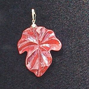 14k Yellow Gold Red Jade Leaf Pendant